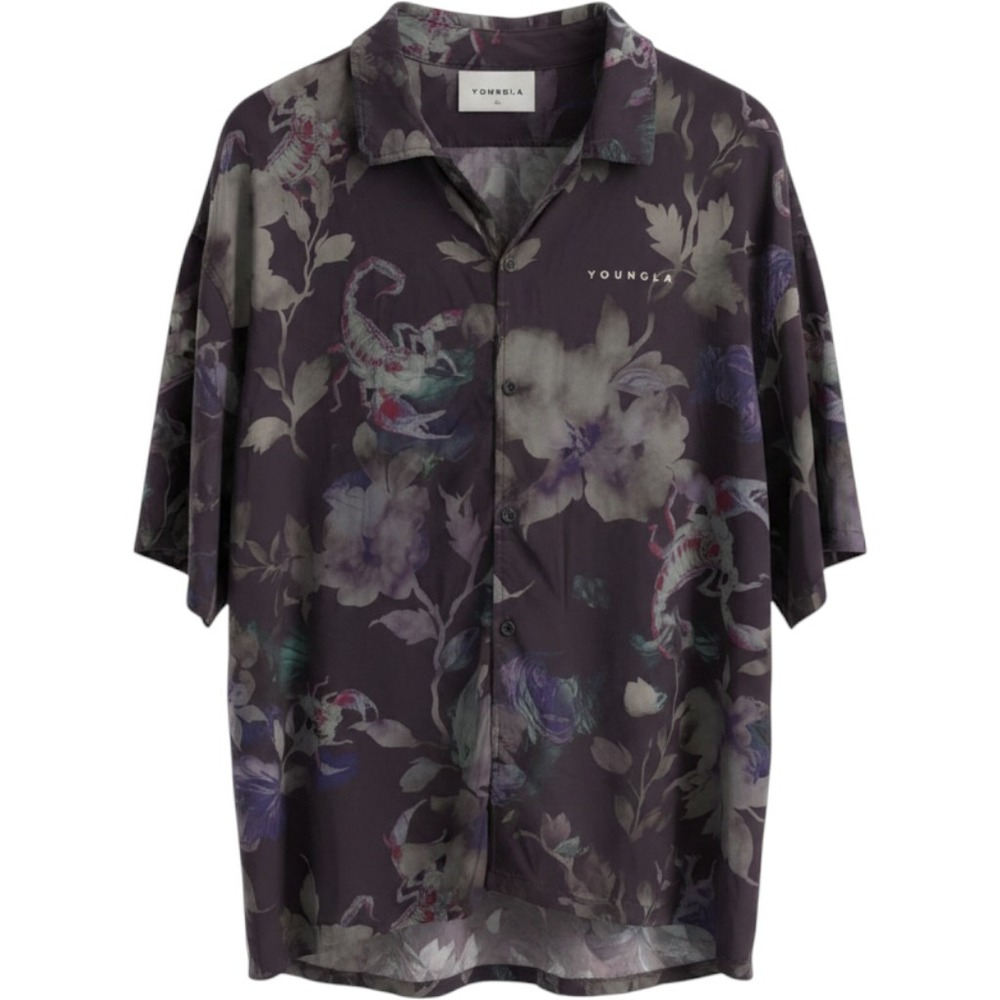 YoungLA 4006 Mens XL Dark Purple Floral Scorpion Button Up Hawaiian Dad Shirt